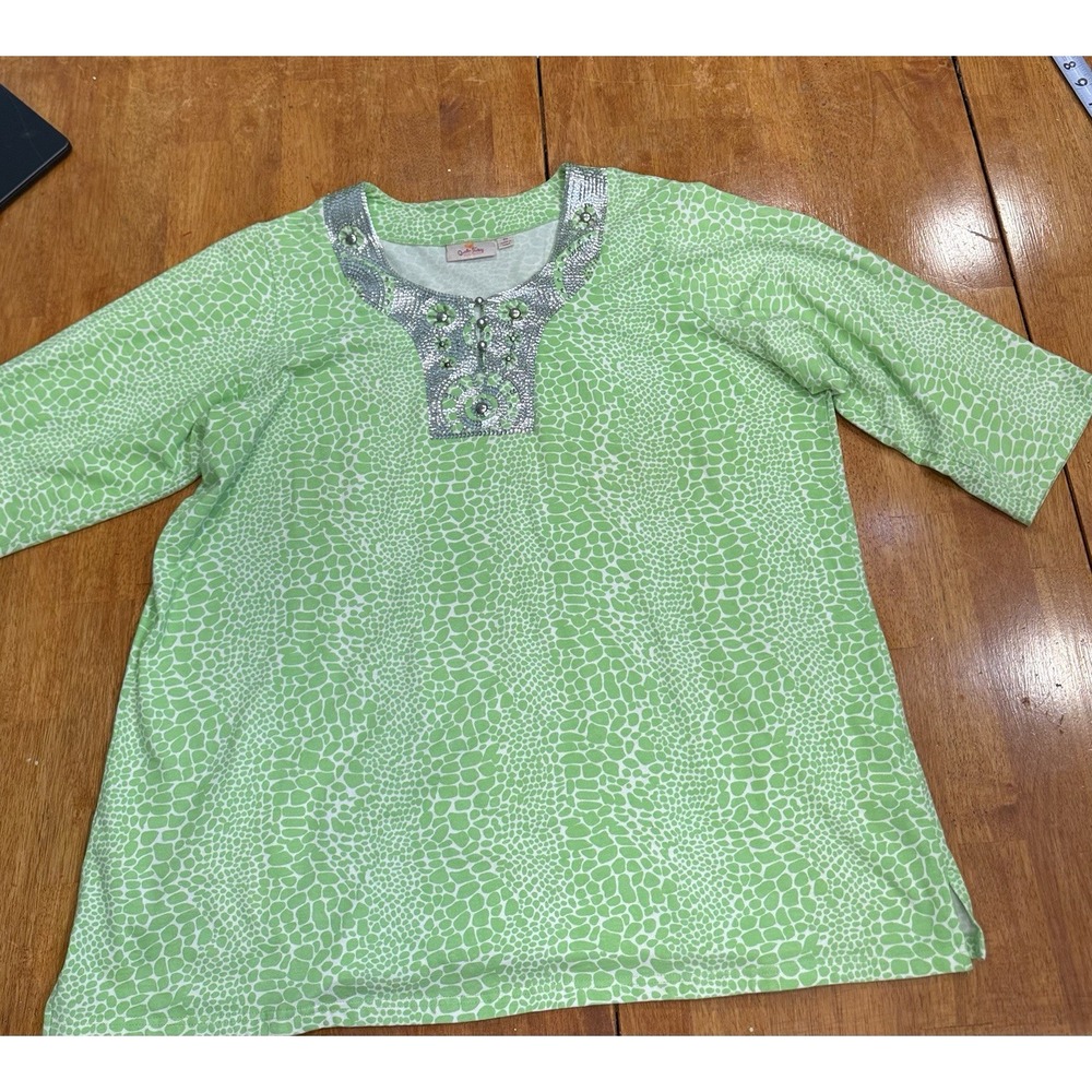 Quacker Factory Women's 2x Green Bricked Prints 3/4 Sleeves Blouse Tunic Cruise